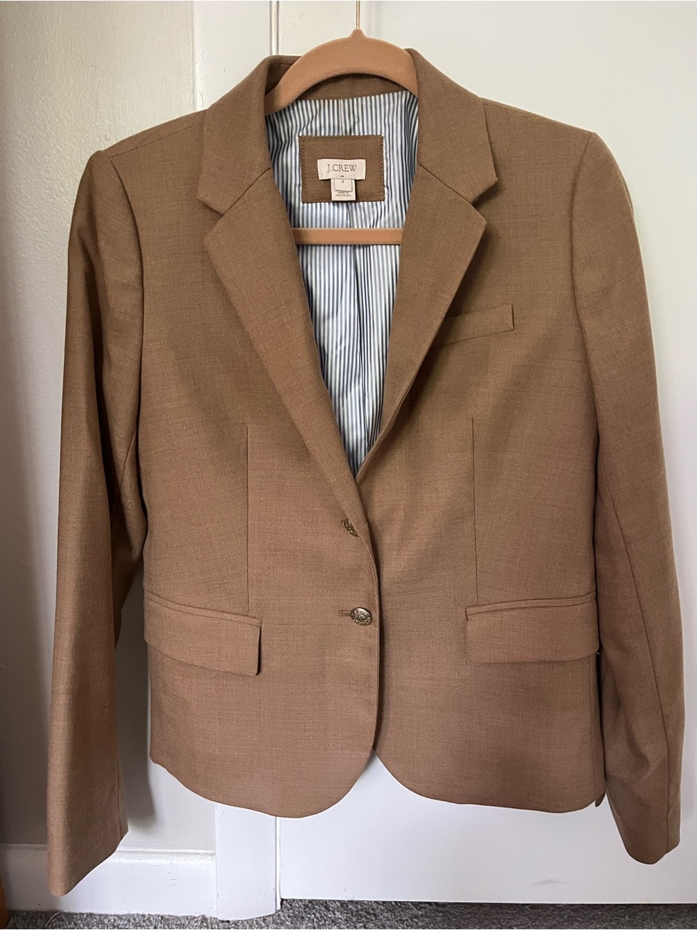 J. Crew Camel colored Wool-Blend Blazer with Blue Stripe Lining